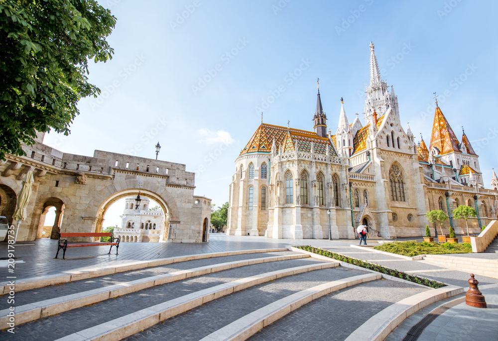 Morning view on the famous Matthias church on the Trinity square in Budapest, Hungary
