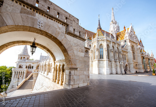 Morning view on the arch of Fisherman's bastion and Mattias church in Budapest, Hungary