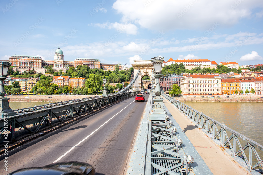 Cityscape view on the famous Chain bridge and Buda riverside during the daylight in Budapest city, Hungary