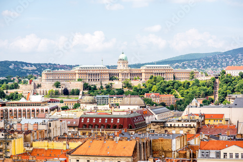 Aerial cityscape view from saint Stephen church on the old town with Buda castle in Budapest city, Hungary