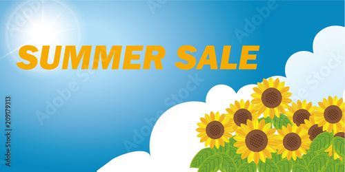 夏の販促用テンプレート 青空にヒマワリと雲のイラスト 背景 サマーセール ベクターデータ Stock ベクター Adobe Stock
