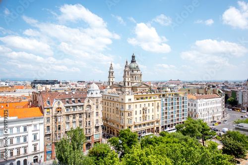 Panoramic aerial view on the old town with famous saint Stephen cathedral in Budapest city, Hungary