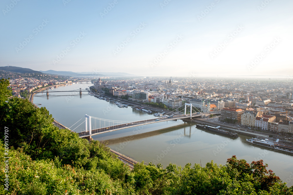 Aerial view on Budapest city with Danube river during the morning light in Hungary