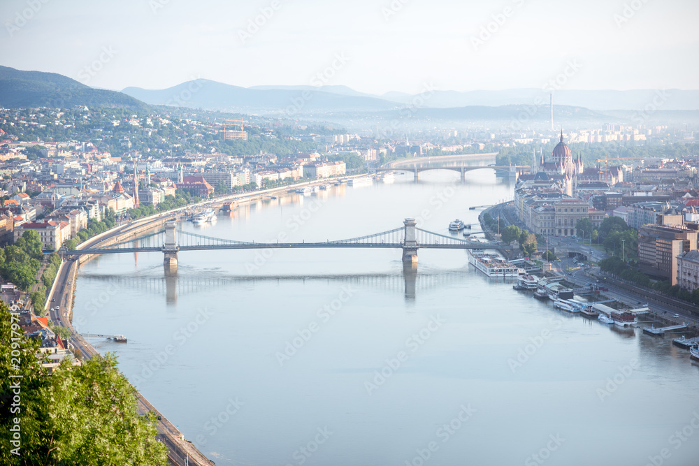 Aerial view on Budapest city with Chain bridge on Danube river and Parliament building during the morning light in Hungary