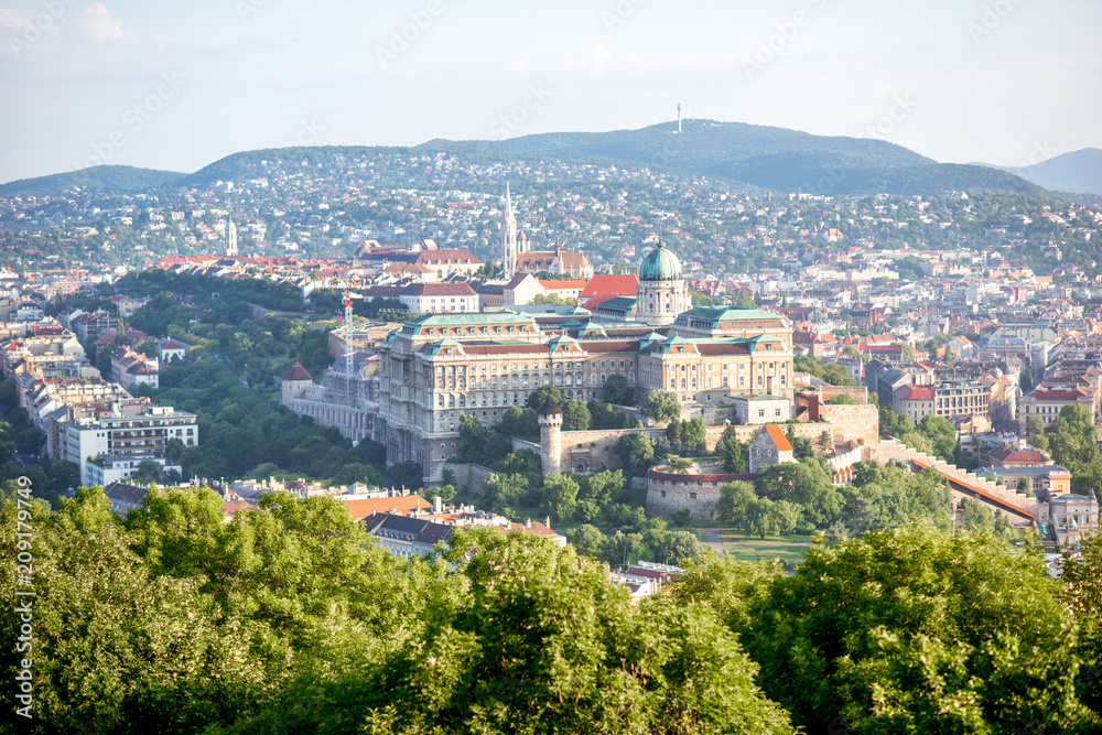 Aerial view on Budapest city with Buda castle during the morning light in Hungary