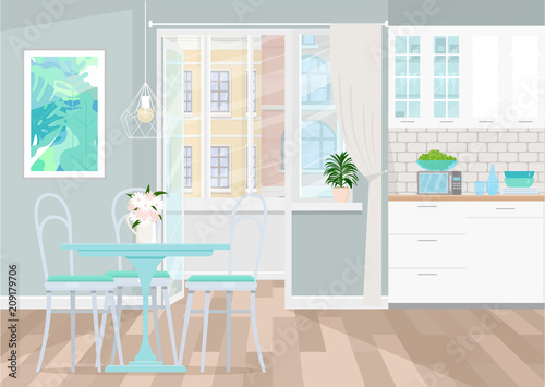 Interior design of gray kitchen. Exit to the balcony from the kitchen. The layout of the kitchen in the apartment. Vector flat illustration.