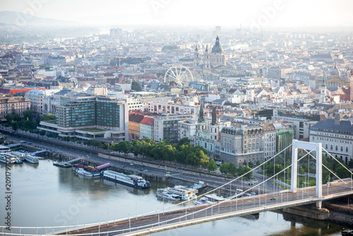 Aerial view on Budapest city with Elisabeth bridge and st. Stephen church during the morning light in Hungary