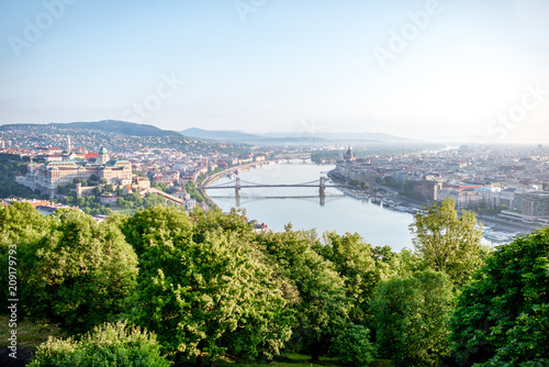 Panoramic aerial view on Budapest city with Danube river during the morning light in Hungary