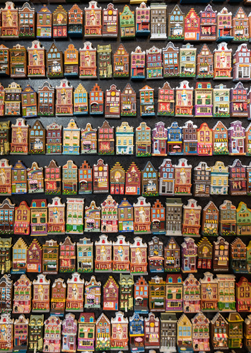   Flower market (Bloemenmarkt), fridge magnets depicting facades of Dutch houses. Amsterdam, Netherlands
