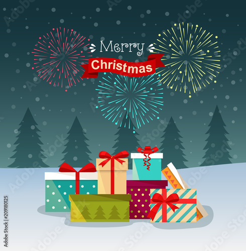 Salute, Festive Fireworks  and Pile of colorful wrapped gift boxes. Gifts in front of a Christmas tree.Vector flat illustration