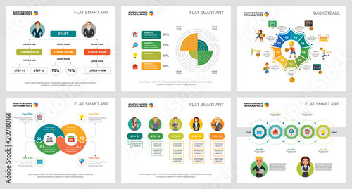 Colorful basketball or marketing concept infographic charts set. Business design elements for presentation slide templates. Can be used for financial report, workflow layout and brochure design.