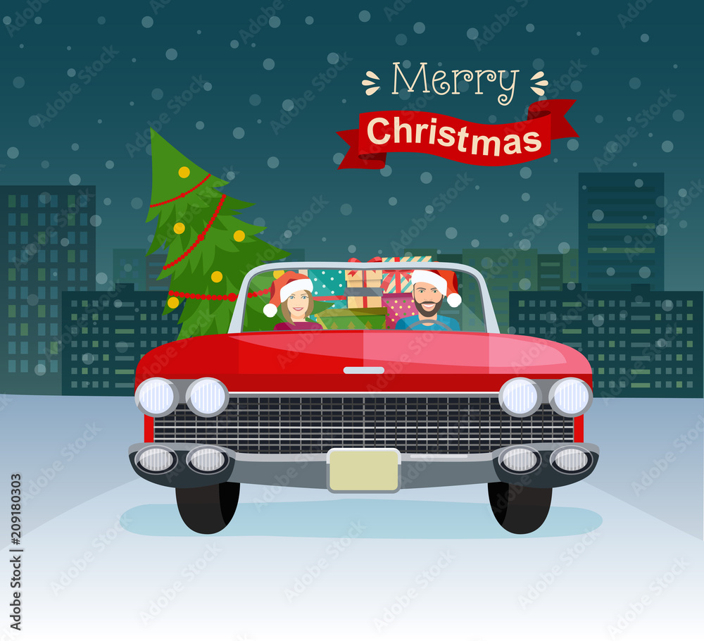 Merry christmas stylized typography. Vintage red cabriolet with couple, christmas tree and gift boxes. Vector flat style illustration