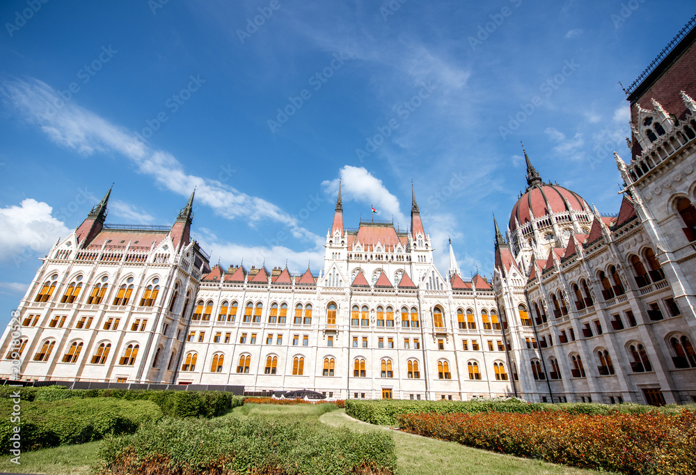 View on the famous Parliament building during the sunny morning light in Budapest city, Hungary