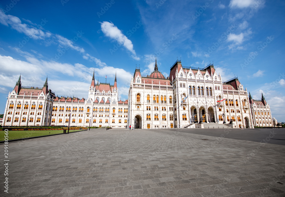 View on the main fasade of the famous Parliament building during the morning light in Budapest, Hungary
