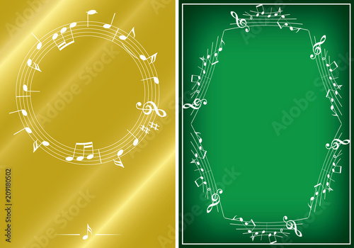 golden and green musical backgrounds with white frames - vector