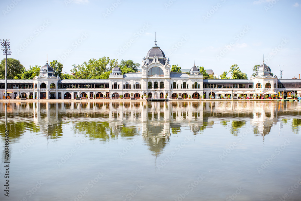 City Park Ice-skating building with reflection in the lake in Budapest, Hungary