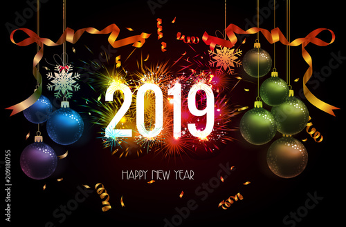 Happy new year 2019 background with christmas confetti gold and firework