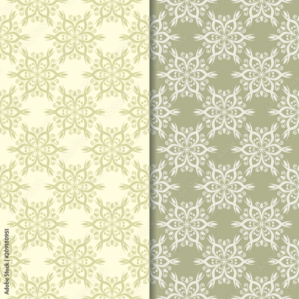 Olive green floral ornamental backgrounds. Set of seamless patterns