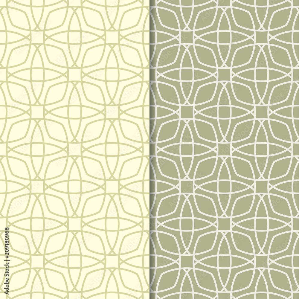 Set of geometric ornaments. Olive green seamless patterns Set of geometric ornaments. Olive green seamless patterns