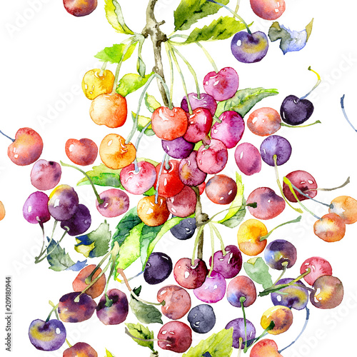 Ripe, juicy, summer cherry and berry pattern. Watercolor. Illustration photo