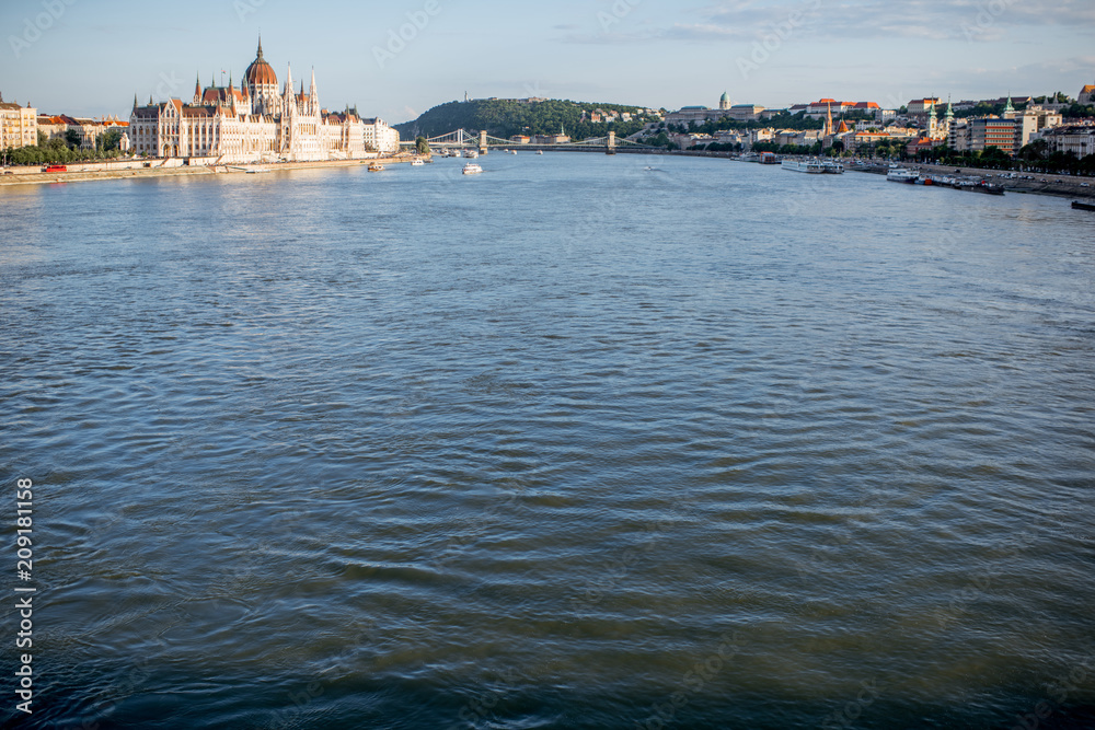 Landscape view on the famous parliament building on Danube river during the sunset in Budapest city, Hungary