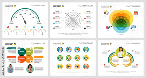 Colorful promotion or training concept infographic charts set. Business design elements for presentation slide templates. For corporate report, advertising, leaflet layout and poster design.