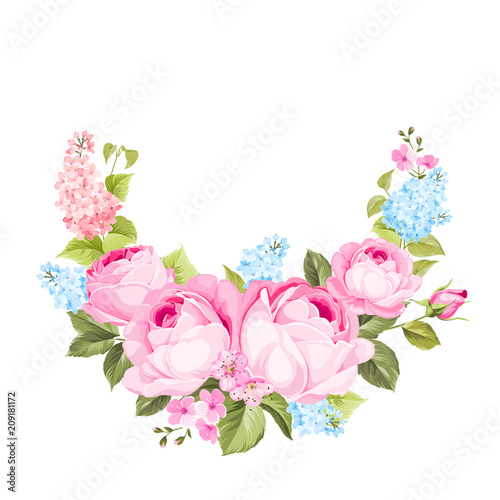 Blooming rose garland on the bottom of invitation card isolated over white background and text place. Congratulation text card with empty space. Vector illustration.