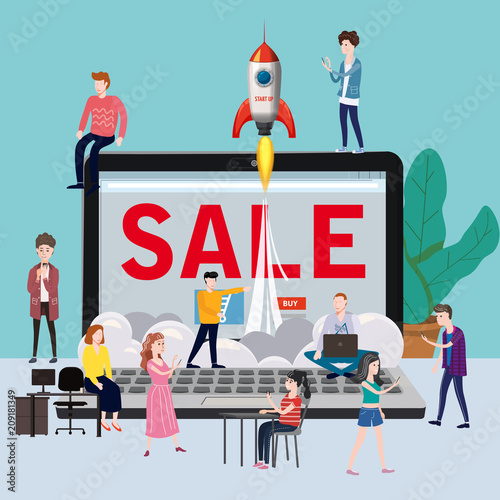 A team of developers working on an online project, starting up, online store, commerce, characters, office work, application, open laptop, sales, vector, illustration, isolated