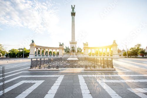 Morning view on the empty Heroes square with monument and column during the sunny weather in Budapest, Hungary