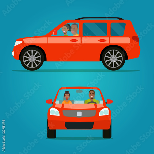 Red car two angle set. Car with couple side view and front view.Afro American couple in the car. Vector flat style illustration