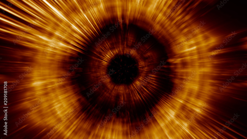 3D rendering of bright lines moving away from us. Lines of light form a dynamic bright tunnel in space