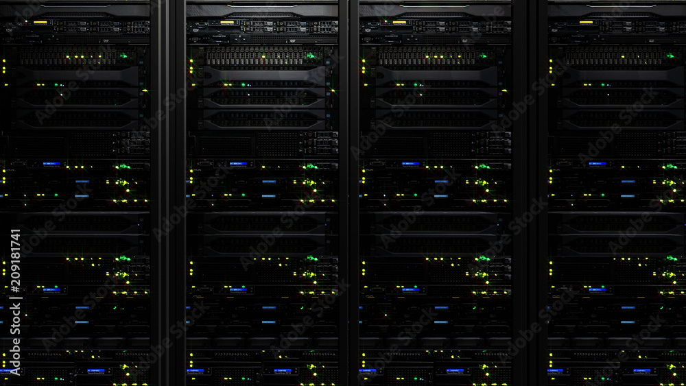 Computer equipment and telecommunication technologies, 3D rendering of a modern dark server data center in the storage center