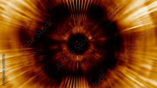 3D rendering of bright lines moving away from us. Lines of light form a dynamic bright tunnel in space