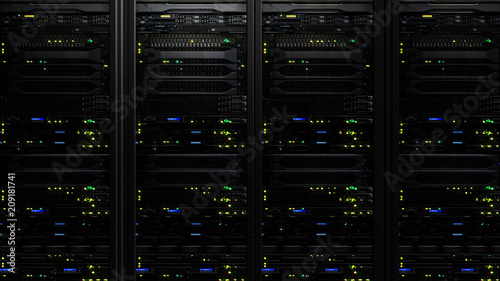 Computer equipment and telecommunication technologies, 3D rendering of a modern dark server data center in the storage center