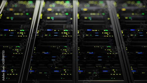 Computer equipment and telecommunication technologies, 3D rendering of a modern dark server data center in the storage center