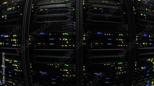 Computer equipment and telecommunication technologies, 3D rendering of a modern dark server data center in the storage center