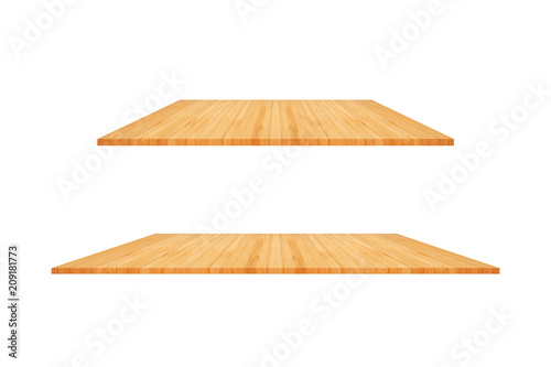 Fototapeta Naklejka Na Ścianę i Meble -  Perspective empty wooden counter with white background. Including clipping path for product display montage or design layout.