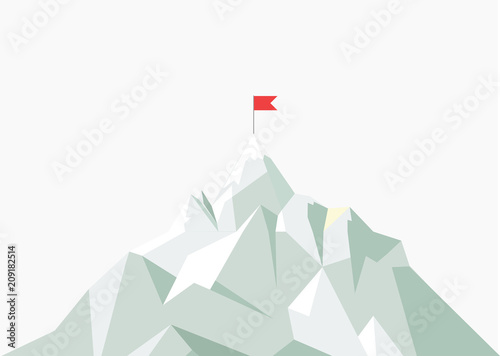 Vector flat flag on mountain. Low poly design. Success illustration. Goal achievement. Business concept. Winning of competition or triumph.