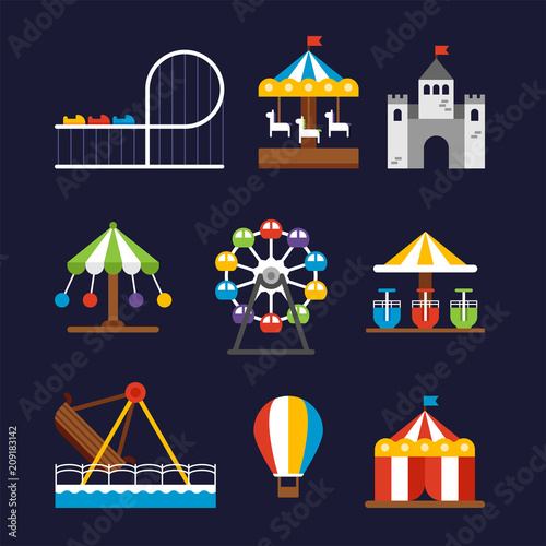 Various rides in the theme park vector flat graphic design illustration set 