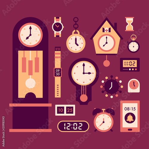 various kind of clock icon vector flat graphic design illustration set 