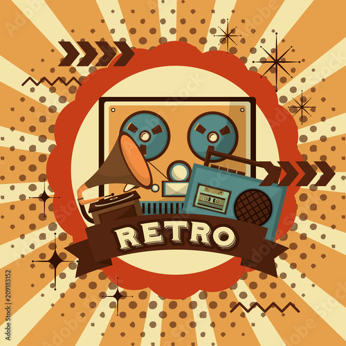 Plakat retro vintage rolka na szpulę taśmy gramofonowej radio kaseta plakat ilustracji wektorowych