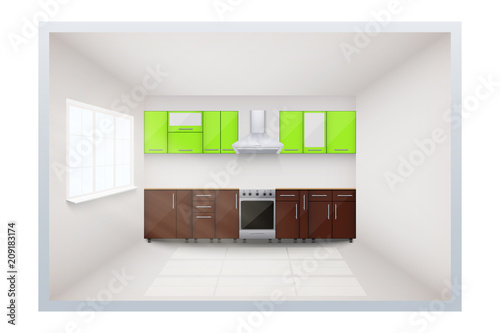 Typical kitchen layout. Plan of cabinets and stove. Sample of domestic architecture. Vector Illustration