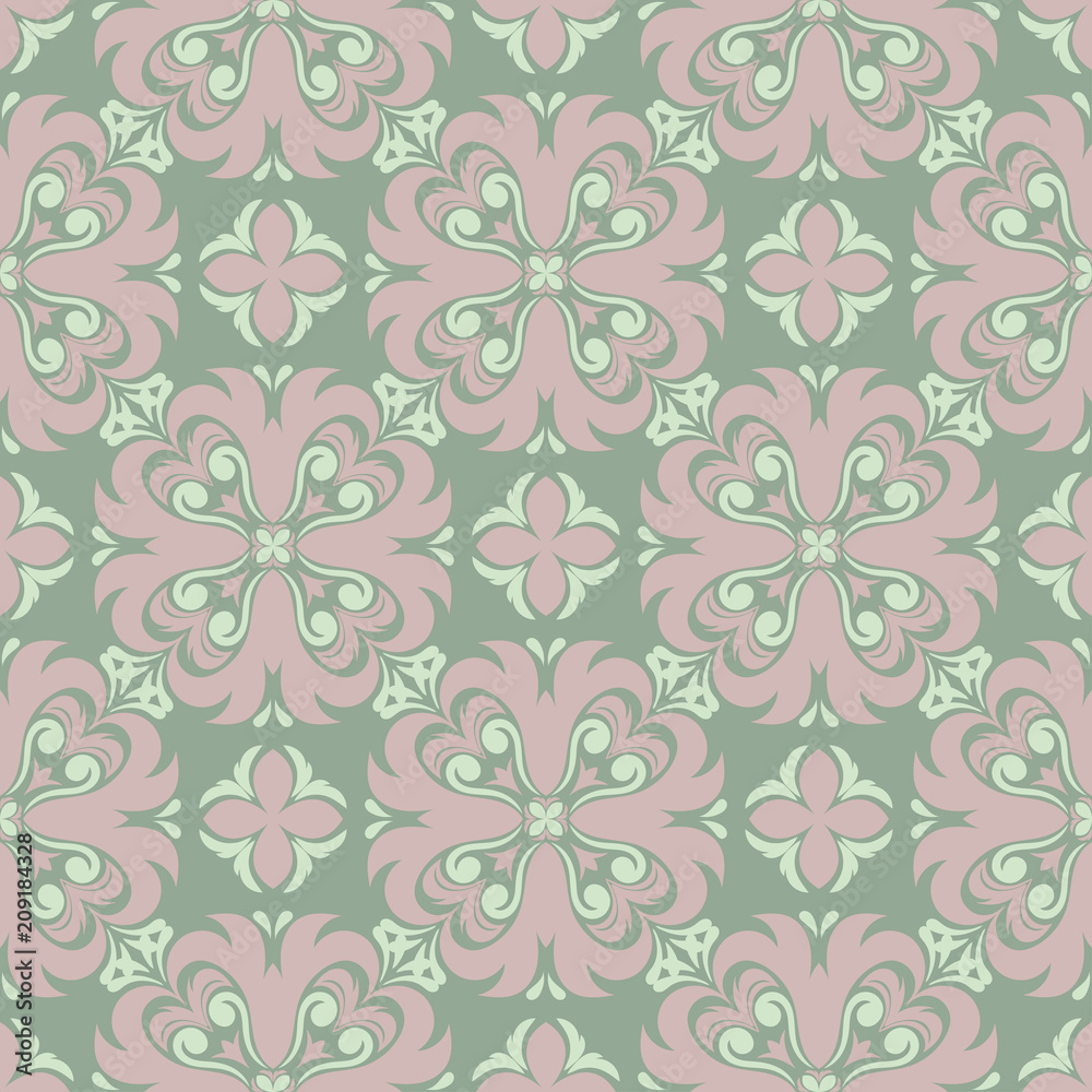 Fototapeta premium Floral seamless pattern. Olive green background with pale pink flower elements