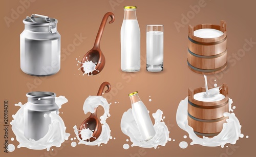 Milk can and splash. Natural dairy products, 3d vector icon set.
