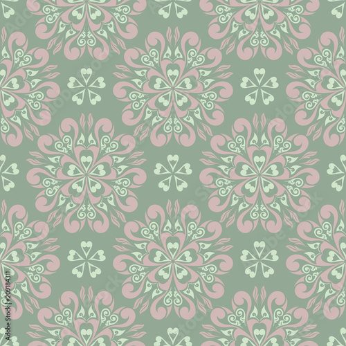 Olive green floral seamless pattern with pale pink elements. Background with flower designs