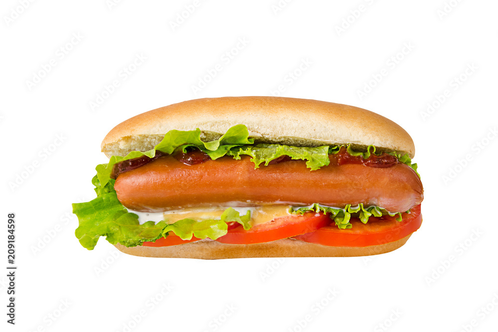 Hot dog with tomato, lettuce, ketcup and mustard, isolated on a white background. Hot dog with tomato, lettuce, ketcup and mustard, isolated on a white background.