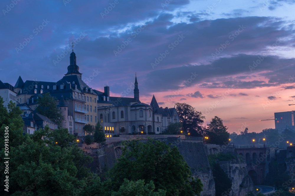 Sunrise over the old part of Luxembourg city - Grund