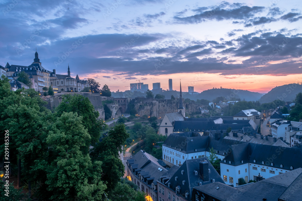 Sunrise over the old part of Luxembourg city - Grund