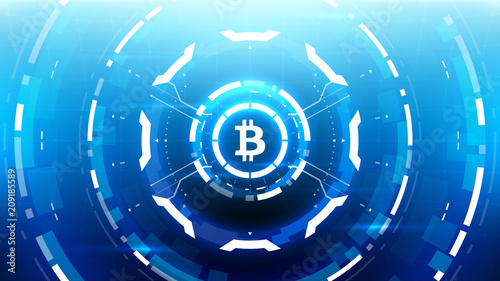 Bitcoin cryprocurrency futuristic vector illustration for background, HUD, graphical user interface, banner, business and finance infographics and more. Worldwide digital money blockchain system