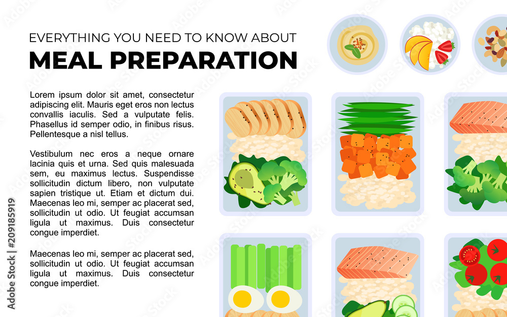Vector template for magazine article about meal preparation. Portion of food in container and bowl with snacks. Healthy lifestyle food. Meat rice and salad. Meal prep illustration for blog. Vector template for magazine article about meal preparation. Portion of food in container and bowl with snacks. Healthy lifestyle food. Meat rice and salad. Meal prep illustration for blog.